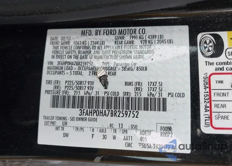 2011 Ford Fusion Se from USA, damaged, VIN 3FAHP0HA7BR259752